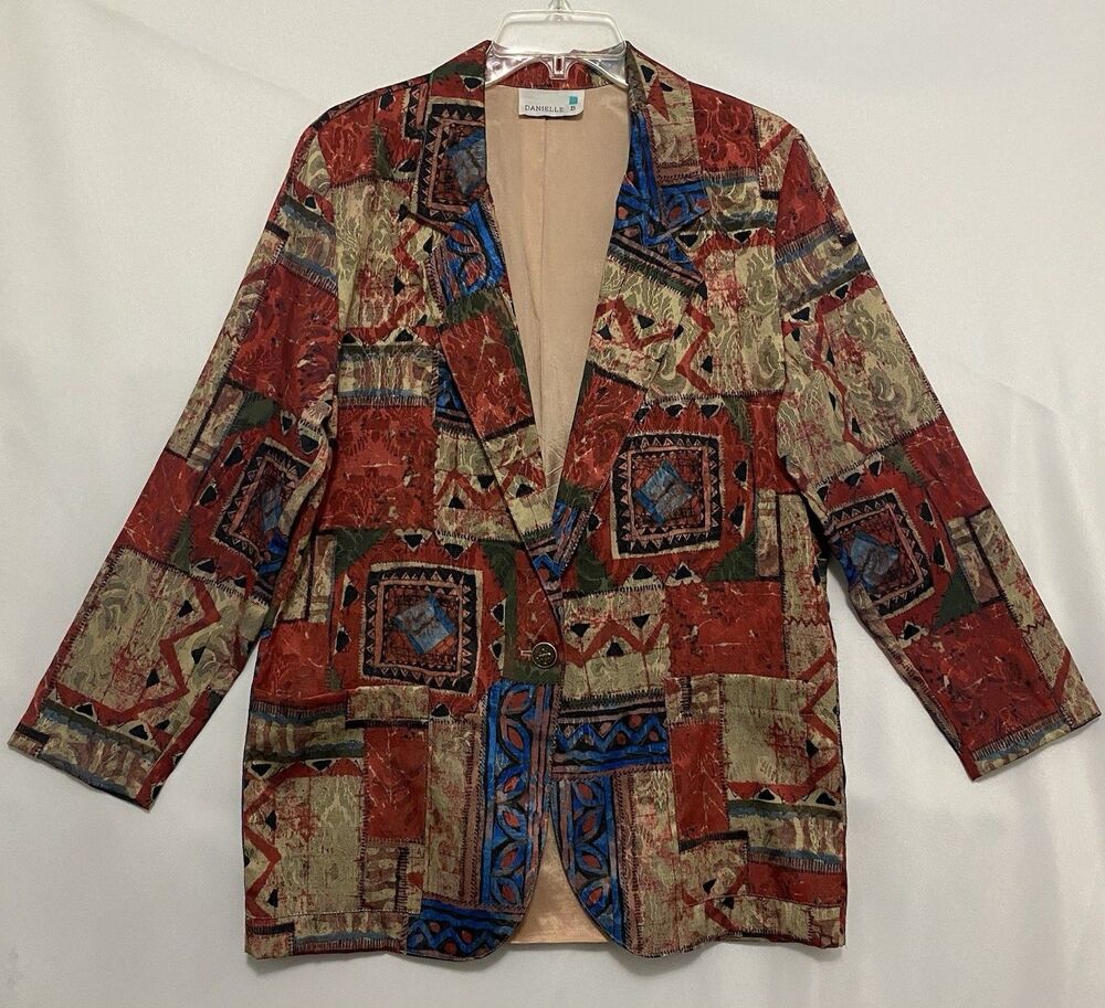 Danielle B Womens Blazer Jacket Small Southwestern Tribal Patchwork 1 Button